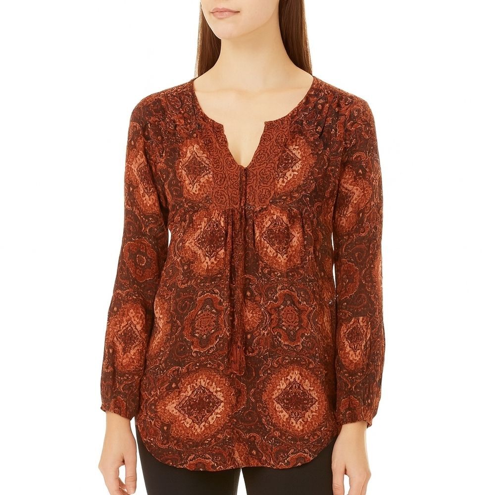 Lucky Brand Red Paisley Long Sleeve Peasant Top M Boho Cottagecore 70s Western